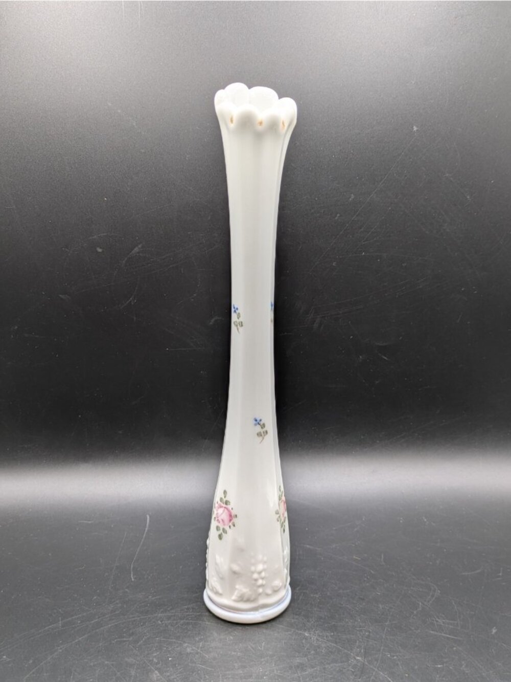 Vintage Westmoreland Handpainted Floral Swung Bud Vase Milk Glass USA 12"